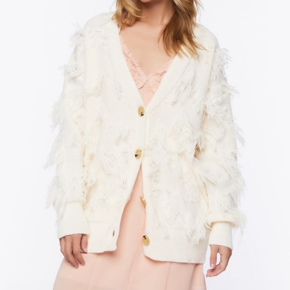NWT Forever 21 Cream Oversized Fluffy Yarn Textured Cardigan Sweater Size Small